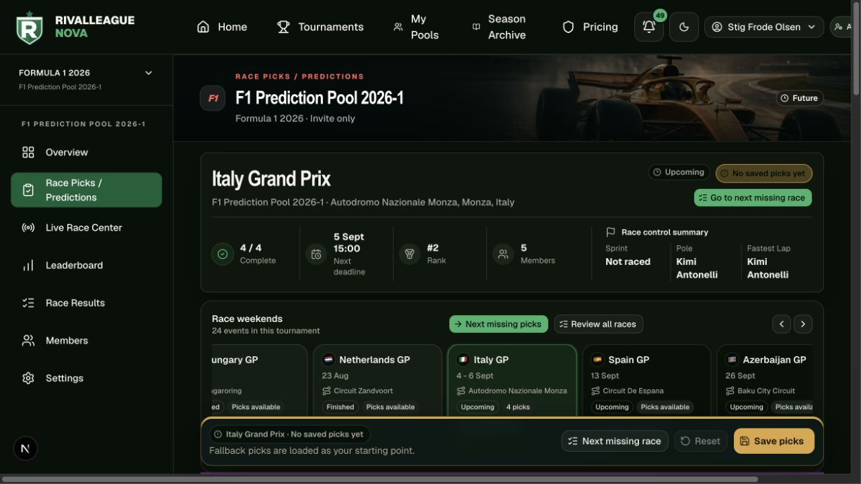 Implemented dark Formula 1 Race Picks surface