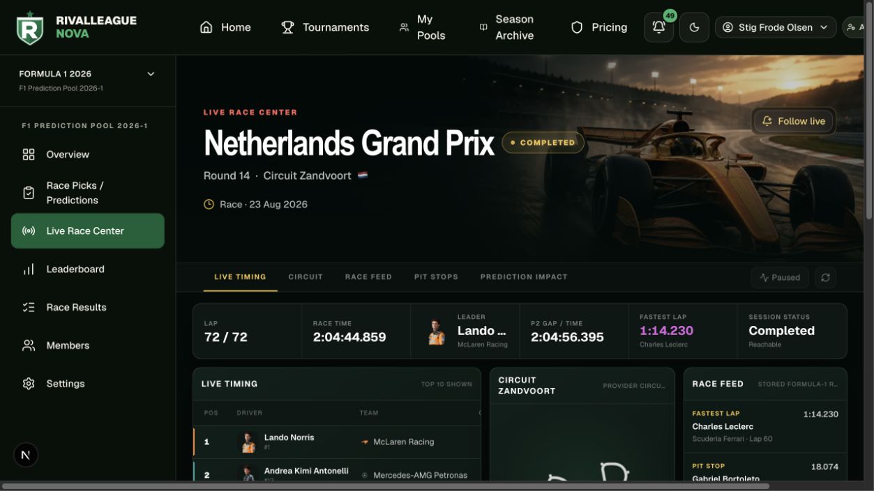 Implemented dark Formula 1 Live Race Center