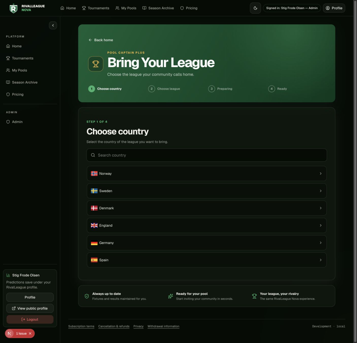 Implemented dark Bring Your League country selection showing Norway