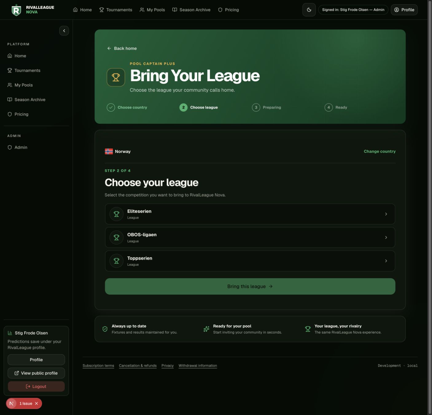 Implemented dark Bring Your League league selection showing Eliteserien