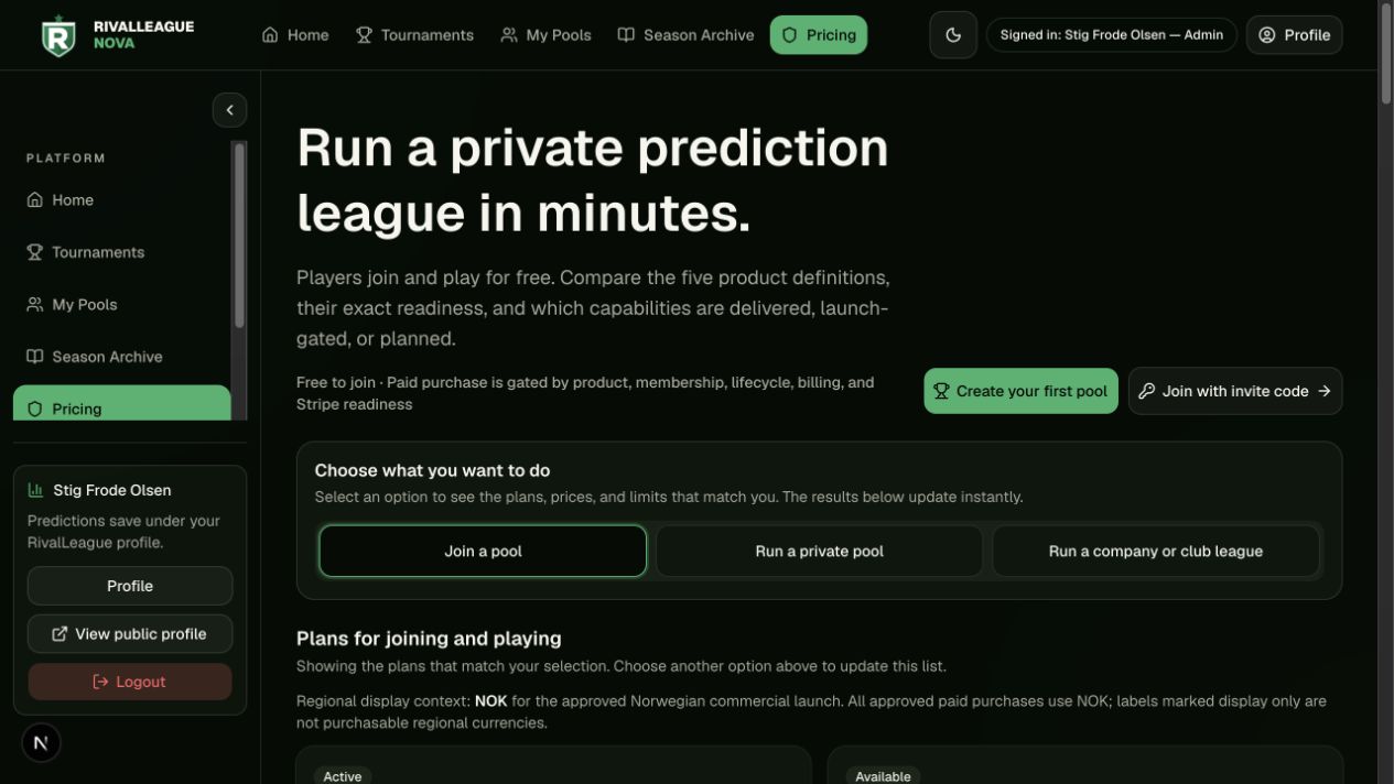 Implemented dark canonical RivalLeagueNova membership pricing surface